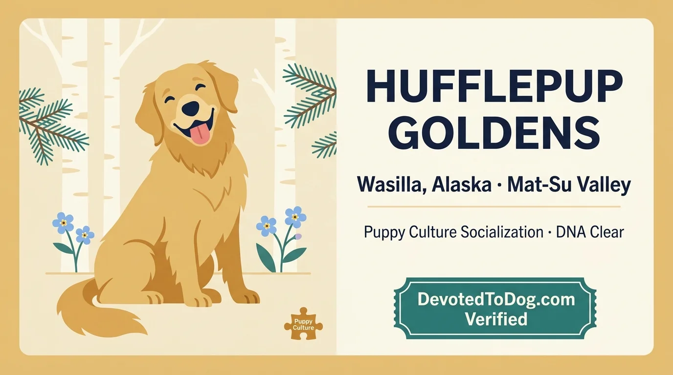 Hufflepup Goldens editorial profile card showing tier rating, Wasilla Alaska location, OFA-cleared stud dogs, DNA-clear program, and Puppy Culture socialization