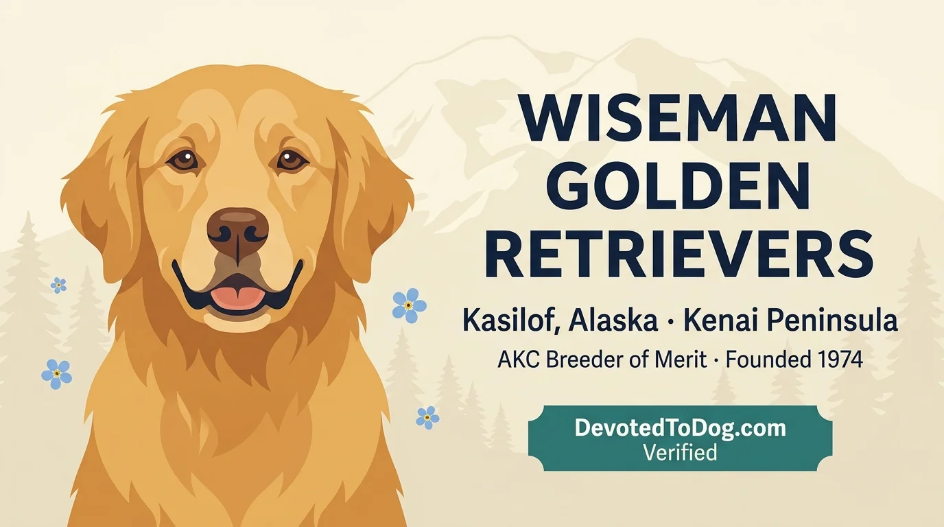 Wiseman Golden Retrievers editorial profile card showing tier rating, Kasilof Alaska location, AKC Breeder of Merit credential, and field performance focus