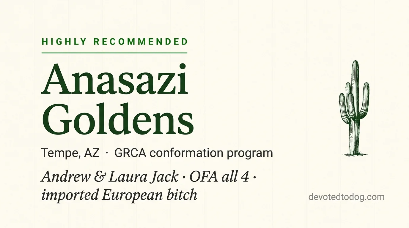 Anasazi Goldens editorial profile card showing a stylized golden retriever portrait with Arizona red rock silhouette and GRCA verification badge.
