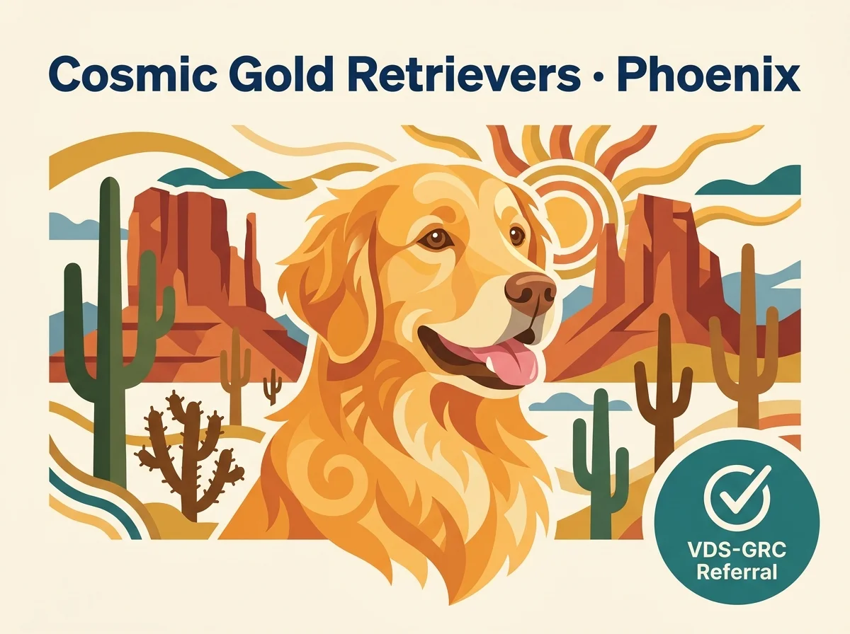 Cosmic Gold Retrievers editorial profile card showing a stylized golden retriever portrait with Arizona desert silhouette and VDS-GRC verification badge.