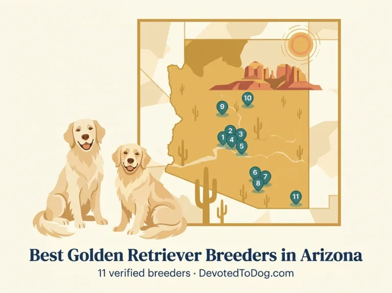 Editorial flat-vector map of Arizona with two golden retrievers, 11 numbered teal location pins concentrated in Phoenix metro plus Tucson, Sedona red rocks, and southeast Arizona; saguaro cactus silhouettes and a stylized desert sun. Title: Best Golden Retriever Breeders in Arizona. 11 verified breeders, DevotedToDog.com.