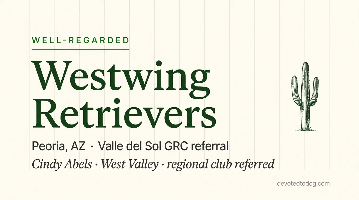 Westwing Retrievers editorial profile card showing a stylized golden retriever portrait with Arizona West Valley silhouette and VDS-GRC verification badge.