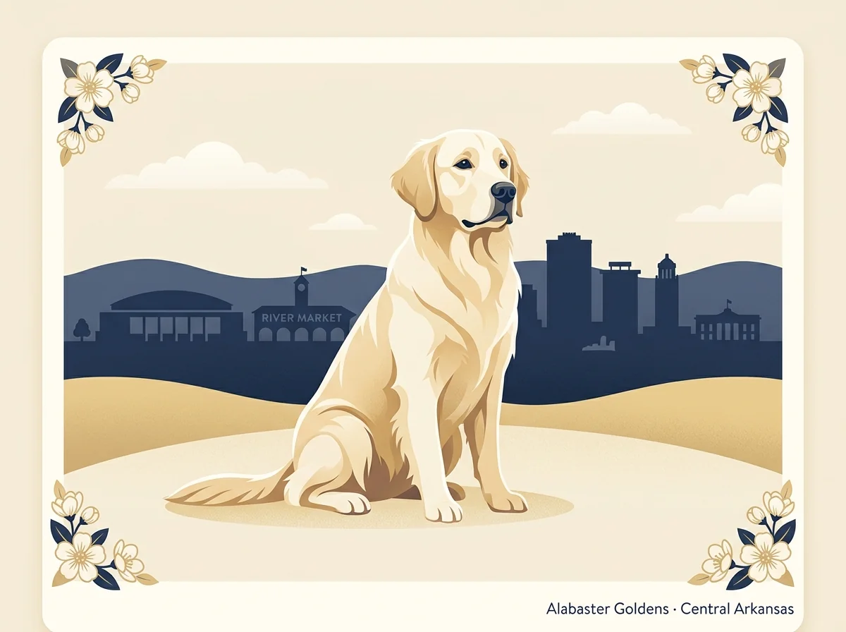 Editorial profile illustration for Alabaster Goldens, an English Cream Golden Retriever breeder in Central Arkansas and member of GRCA and Natural State GRC