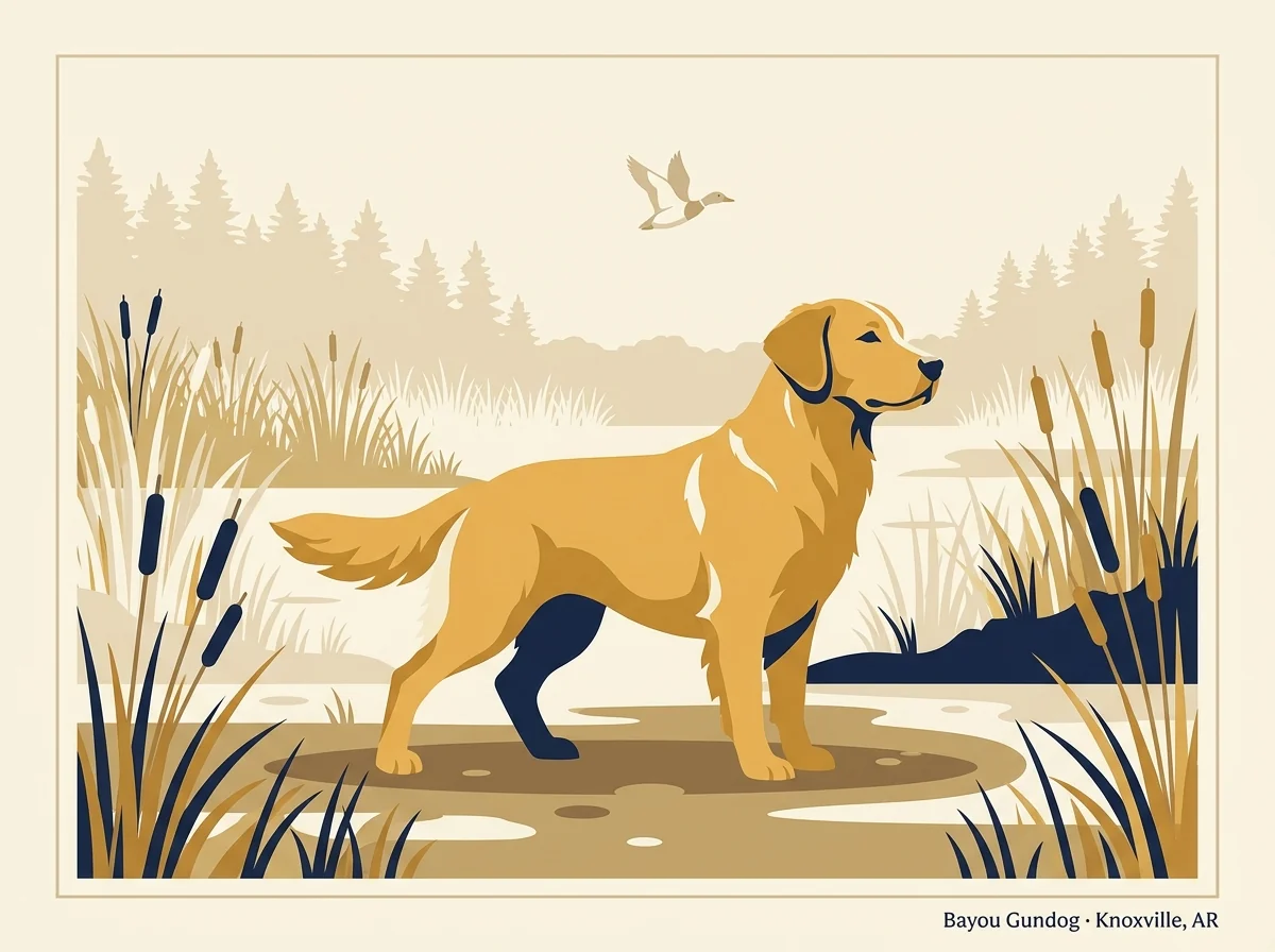 Editorial profile illustration for Bayou Gundog, a field-bred Golden Retriever and gun dog training program in Knoxville, Arkansas