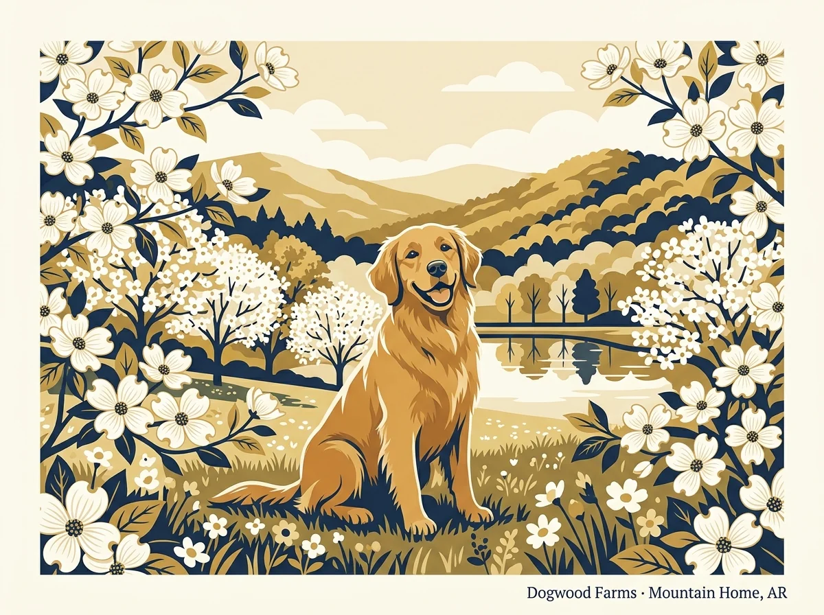 Editorial profile illustration for Dogwood Farms Golden Retrievers, an AKC-registered family farm program near Mountain Home in the Arkansas Ozarks