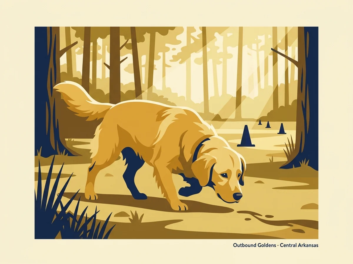 Editorial profile illustration for Outbound Golden Retrievers, a field-bred Golden Retriever program in Central Arkansas, GRCA and Hunter Retriever Club member