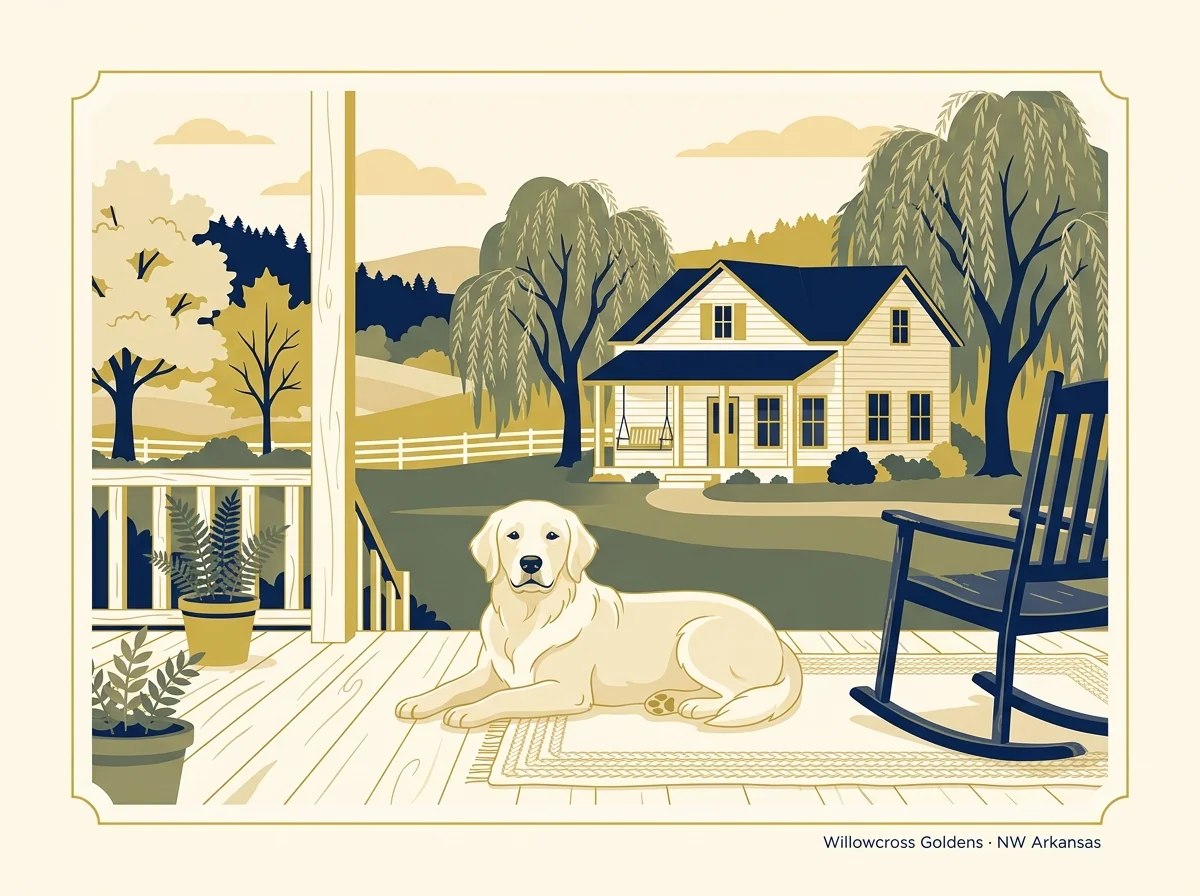 Editorial profile illustration for Willowcross Goldens, an English-style Golden Retriever breeder in Northwest Arkansas