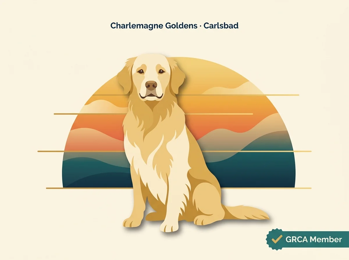 Editorial illustration of Charlemagne Golden Retrievers, Carlsbad, California.