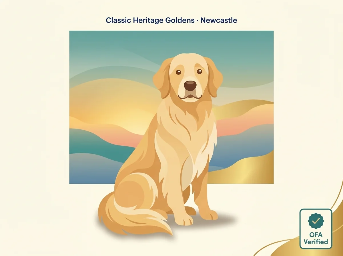 Editorial illustration of Classic Heritage Golden Retrievers, Newcastle, California.