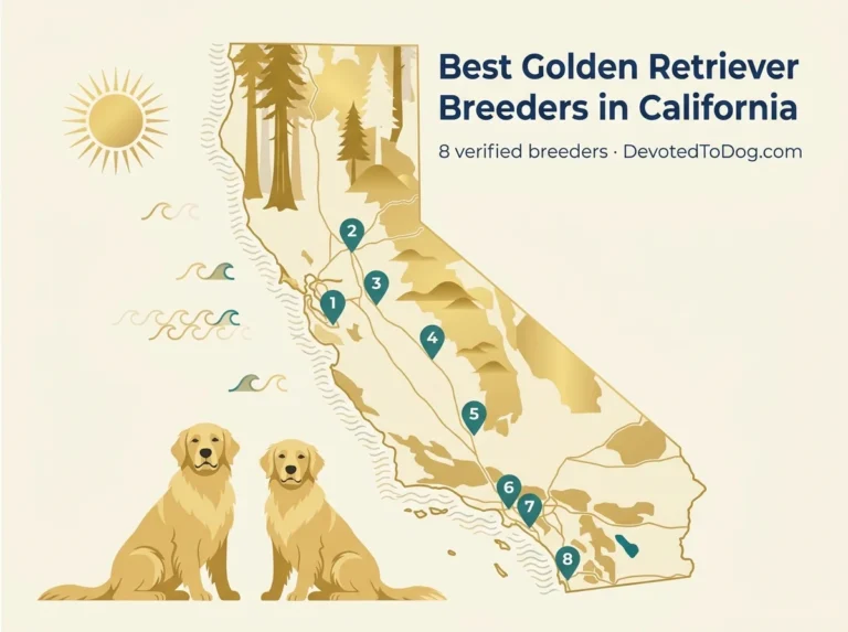 Editorial flat-vector map of California with eight numbered teal pins marking verified golden retriever breeders, two adult golden retrievers, redwoods, golden hills, and Pacific coast accents.