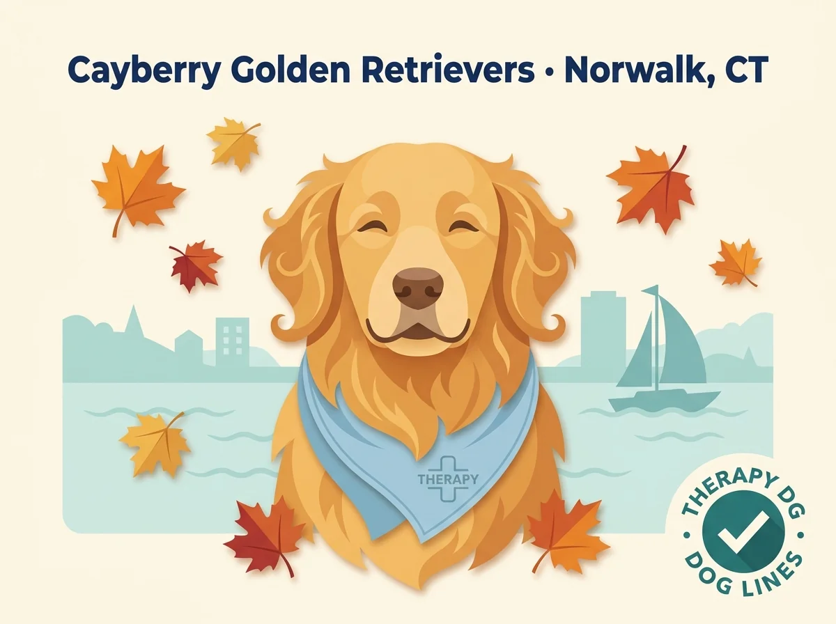 Editorial illustration of Cayberry Golden Retrievers, Norwalk, Connecticut.