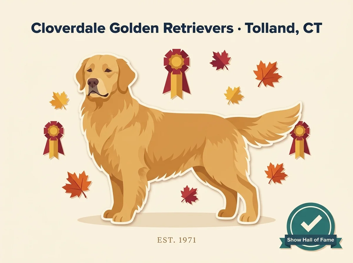 Editorial illustration of Cloverdale Golden Retrievers, Tolland, Connecticut.