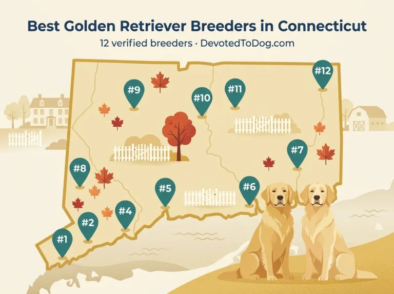 Editorial flat-vector map of Connecticut with twelve numbered teal pins marking verified golden retriever breeders, two adult golden retrievers, autumn maple leaves, white picket fences, and Long Island Sound.
