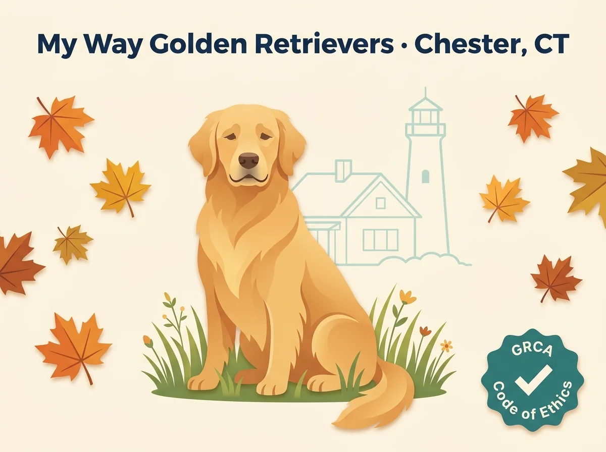 Editorial illustration of My Way Golden Retrievers, Chester, Connecticut.