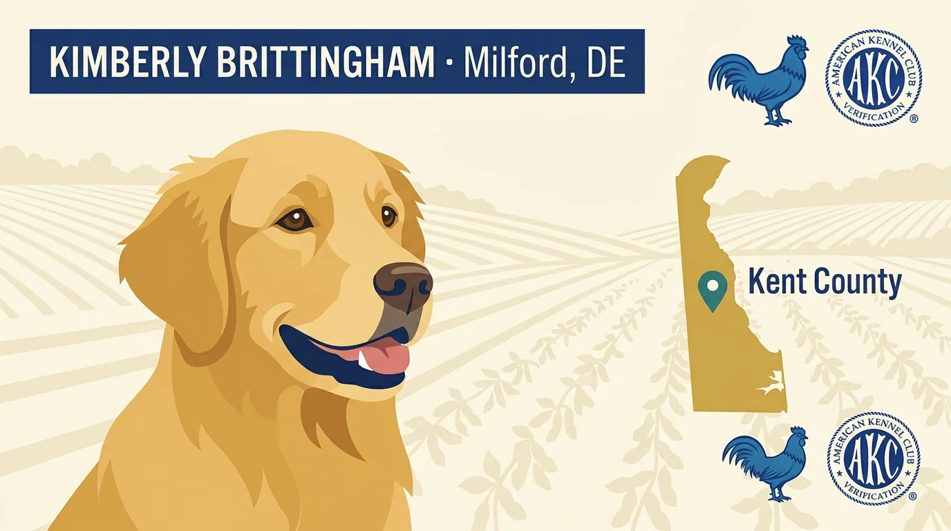 Kimberly Brittingham editorial profile card showing tier rating, Milford DE Kent County location, and Delmarva agricultural backdrop.
