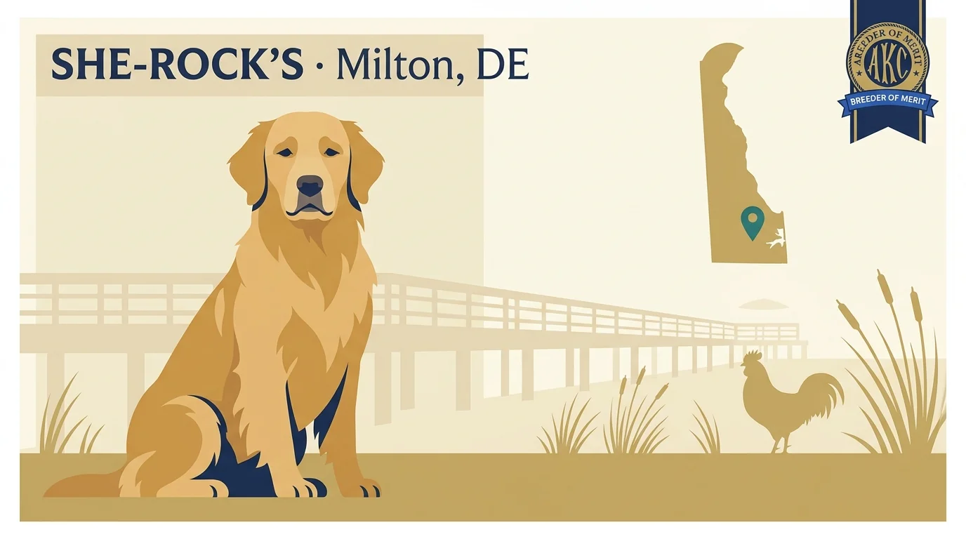 She-Rock's editorial profile card showing tier rating, Milton DE Sussex County location, AKC Breeder of Merit ribbon and 43-year program longevity.