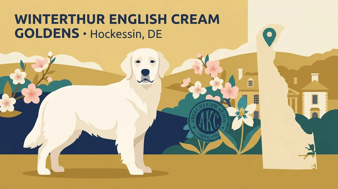 Winterthur English Cream Goldens editorial profile card with a stylized cream-colored golden retriever and Hockessin Brandywine Valley backdrop.