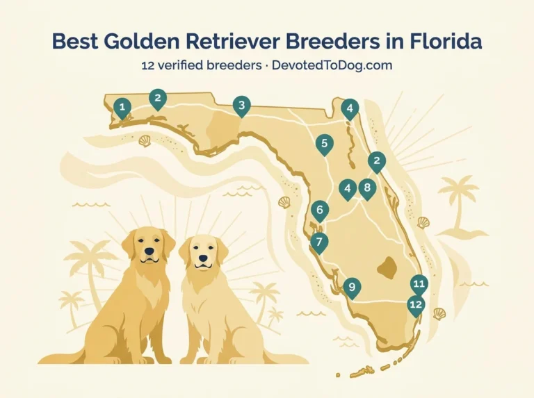 Editorial flat-vector map of Florida with twelve numbered teal pins marking verified golden retriever breeders, two adult golden retrievers, palm trees, and coastal sun motifs.