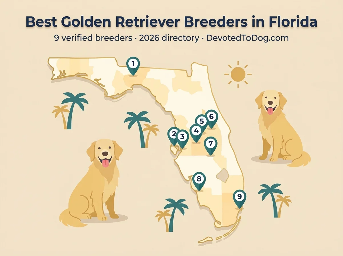 Map of Florida showing the locations of recommended golden retriever breeders, with a verification badge listing OFA health testing, GRCA membership, and written contract requirements