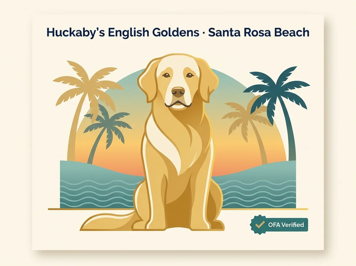 Editorial illustration representing Huckaby's English Golden Retrievers in Santa Rosa Beach, Florida