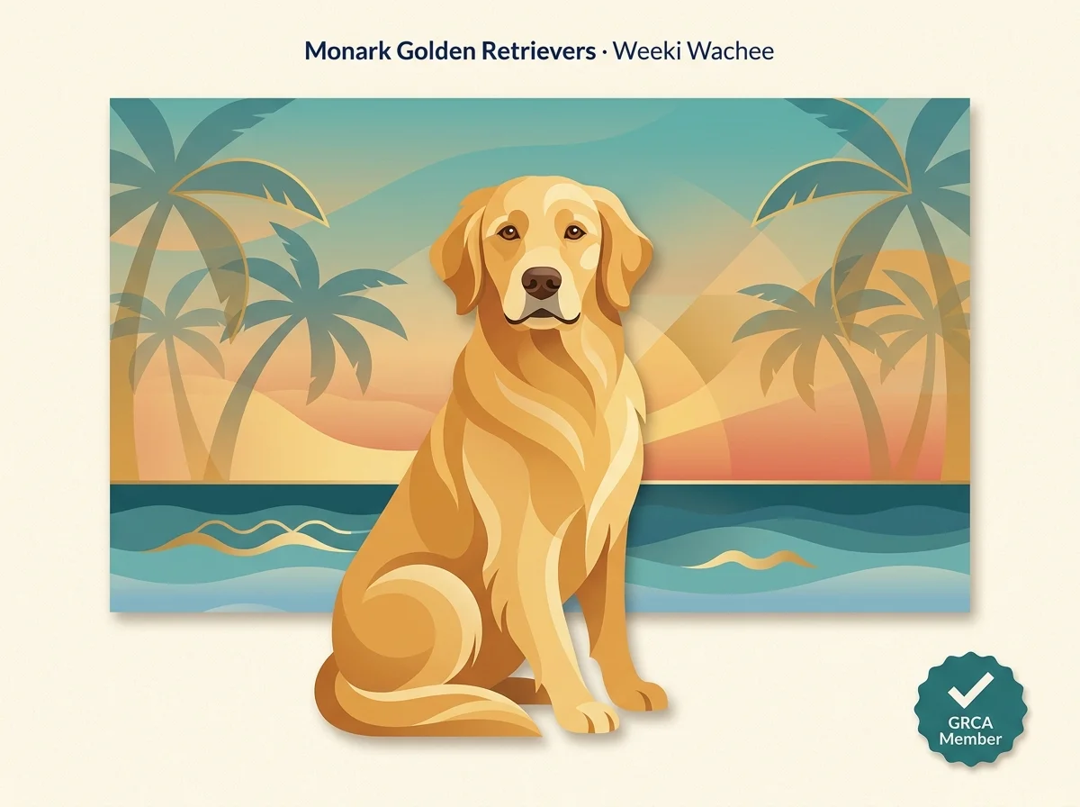 Editorial illustration representing Monark Golden Retrievers in Weeki Wachee, Florida