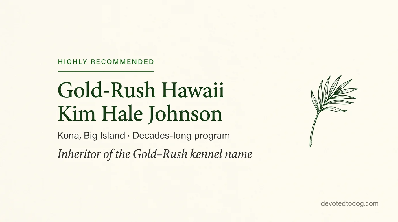 Gold-Rush Hawaii Kim Hale Johnson editorial profile card showing Highly Recommended tier and Kona Big Island location