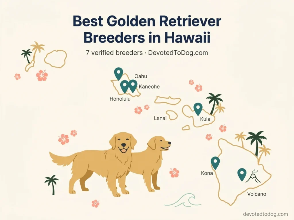 Map of the Hawaiian Islands marking seven verified golden retriever breeder locations across Oahu, Maui, the Big Island, and Kauai with hibiscus, palm, and volcano accents and a DevotedToDog.com verification badge.