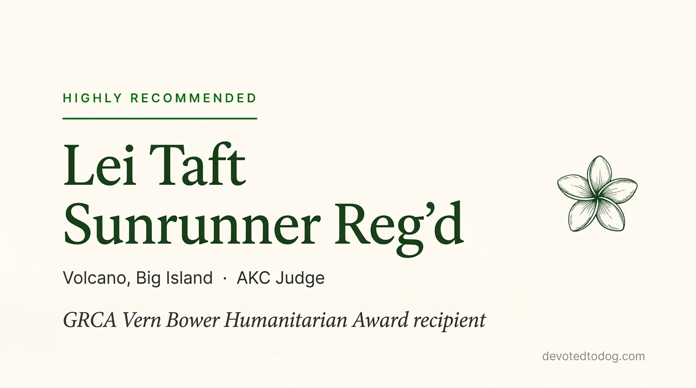 Lei Taft Sunrunner Reg'd editorial profile card showing Highly Recommended tier, Volcano Big Island location, GRCA Vern Bower award credential