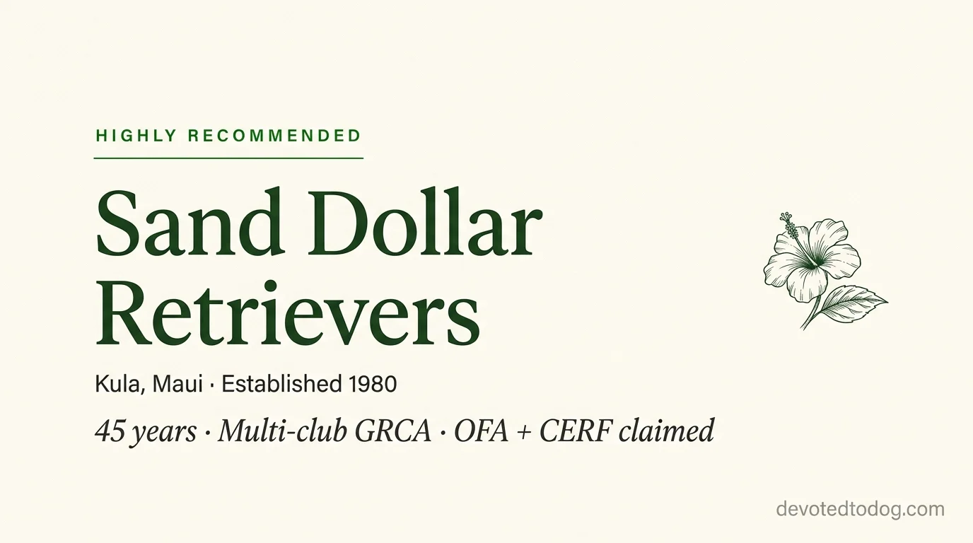 Sand Dollar Retrievers editorial profile card showing tier rating, Kula Maui location, and key credentials