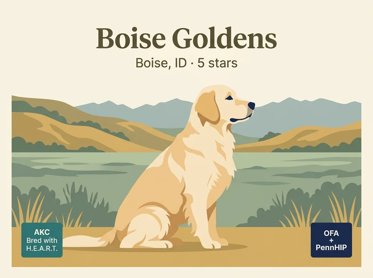 Boise Goldens editorial profile card showing tier rating, Boise Idaho location, and AKC Bred with H.E.A.R.T., OFA, GRCA, and PennHIP credentials.
