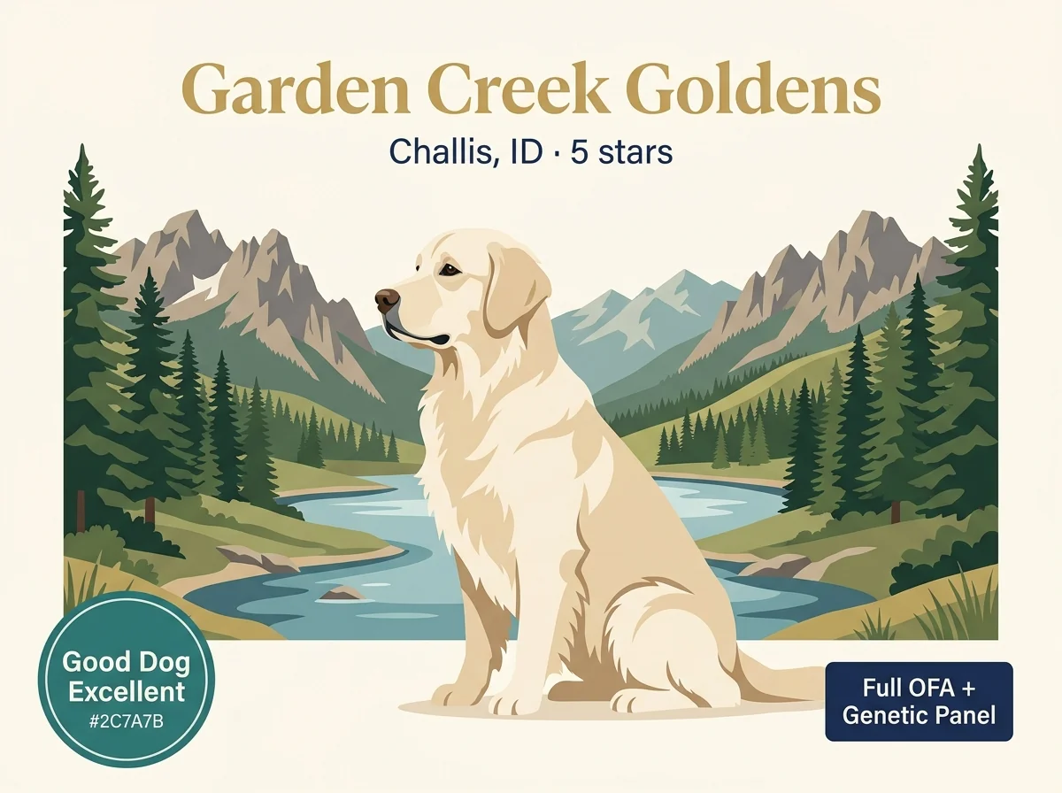 Garden Creek Goldens editorial profile card showing tier rating, Challis Idaho location, and Good Dog Excellent rating with full OFA + genetic panel credentials.
