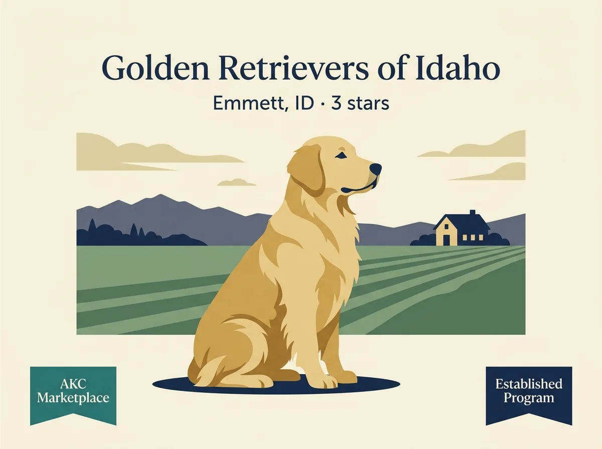 Golden Retrievers of Idaho editorial profile card showing tier rating, Emmett Idaho location, and 13+ year program credentials.