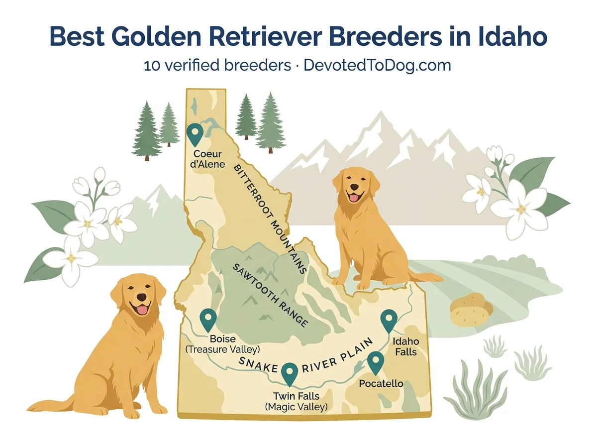 Editorial illustrated map of Idaho showing five regional pins (Boise, Coeur d'Alene, Idaho Falls, Twin Falls, Pocatello) with two golden retrievers, the Sawtooth Range, Bitterroot Mountains, syringa blossoms, and Snake River Plain.