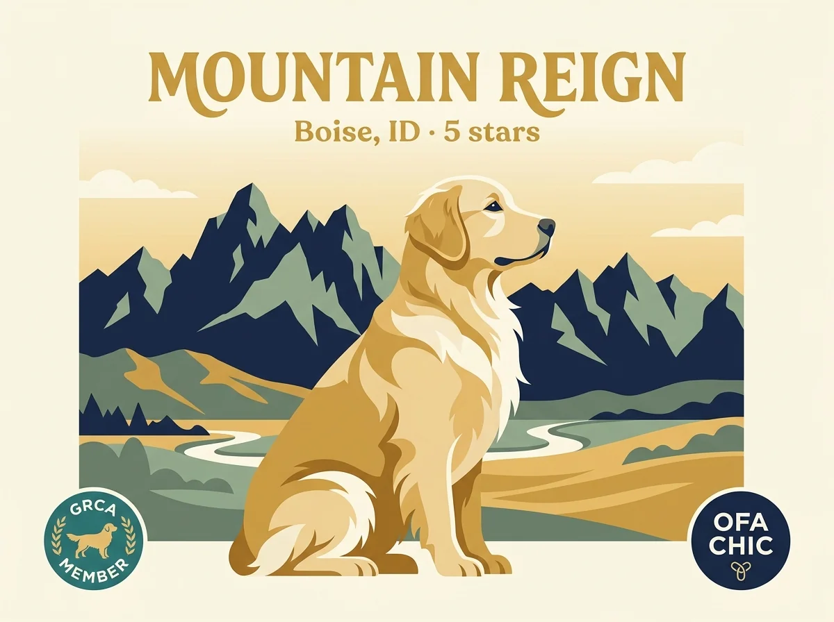 Mountain Reign Golden Retrievers editorial profile card with a stylized golden retriever portrait and Treasure Valley silhouette, marked GRCA member + CHIC.