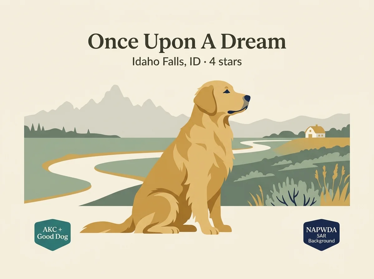 Once Upon A Dream Kennels editorial profile card showing tier rating, Idaho Falls Idaho location, and AKC + Good Dog + NAPWDA SAR background credentials.
