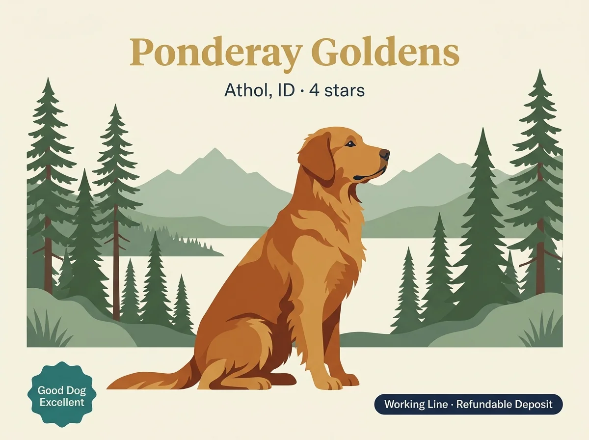 Ponderay Goldens editorial profile card showing tier rating, Athol Idaho location, and Good Dog Excellent + working line credentials.