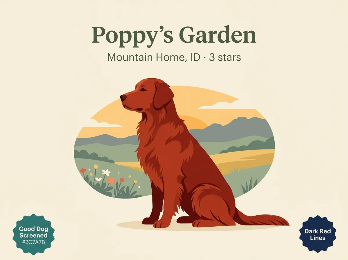 Poppy's Garden Golden Retrievers editorial profile card showing Mountain Home Idaho location, dark red focus, and Good Dog screened credentials.