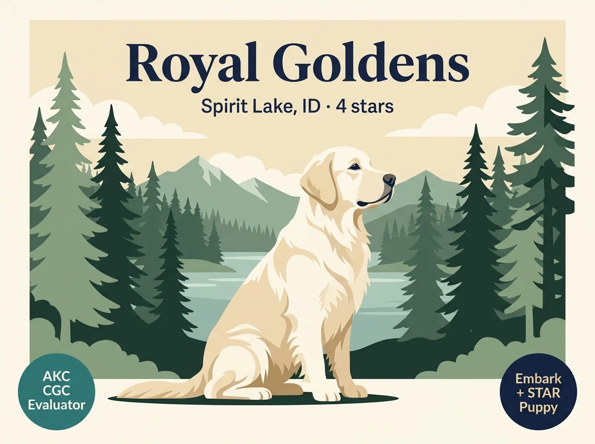 Royal Goldens editorial profile card showing tier rating, Spirit Lake Idaho location, and AKC + OFA + Embark + CGC Evaluator credentials.