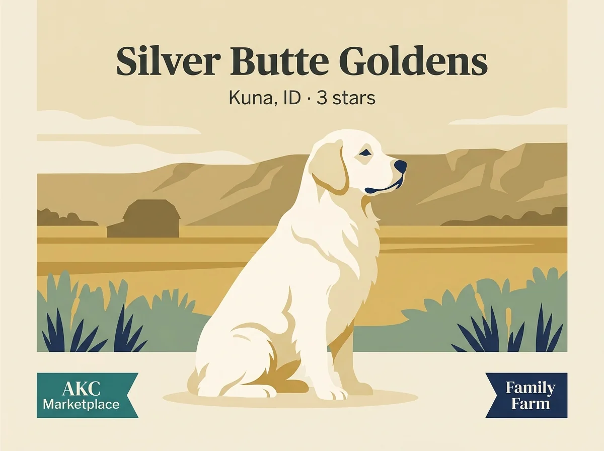 Silver Butte Goldens editorial profile card showing tier rating, Kuna Idaho location, and AKC Marketplace listed credentials.