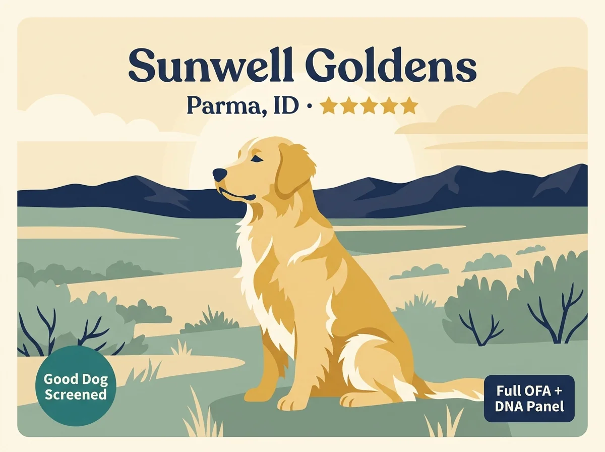 Sunwell Golden Retrievers editorial profile card showing tier rating, Parma Idaho location, and Good Dog screened credentials.