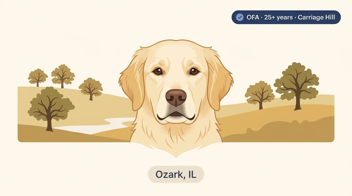 Carriage Hill Goldens editorial profile card showing tier rating, Ozark IL location, and key credentials