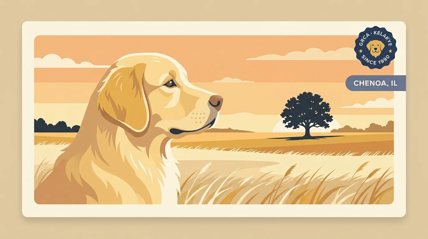 Kelakye Golden Retrievers editorial profile card showing tier rating, Chenoa IL location, and key credentials