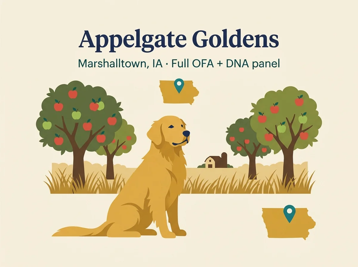 Appelgate Goldens editorial profile card showing tier rating, Marshalltown IA location, and key credentials