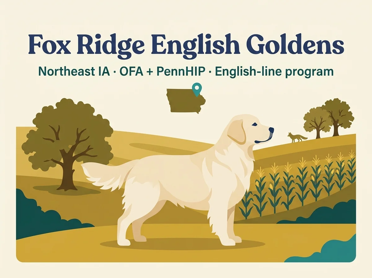 Fox Ridge English Golden Retrievers editorial profile card showing tier rating, Northeast Iowa location, and key credentials