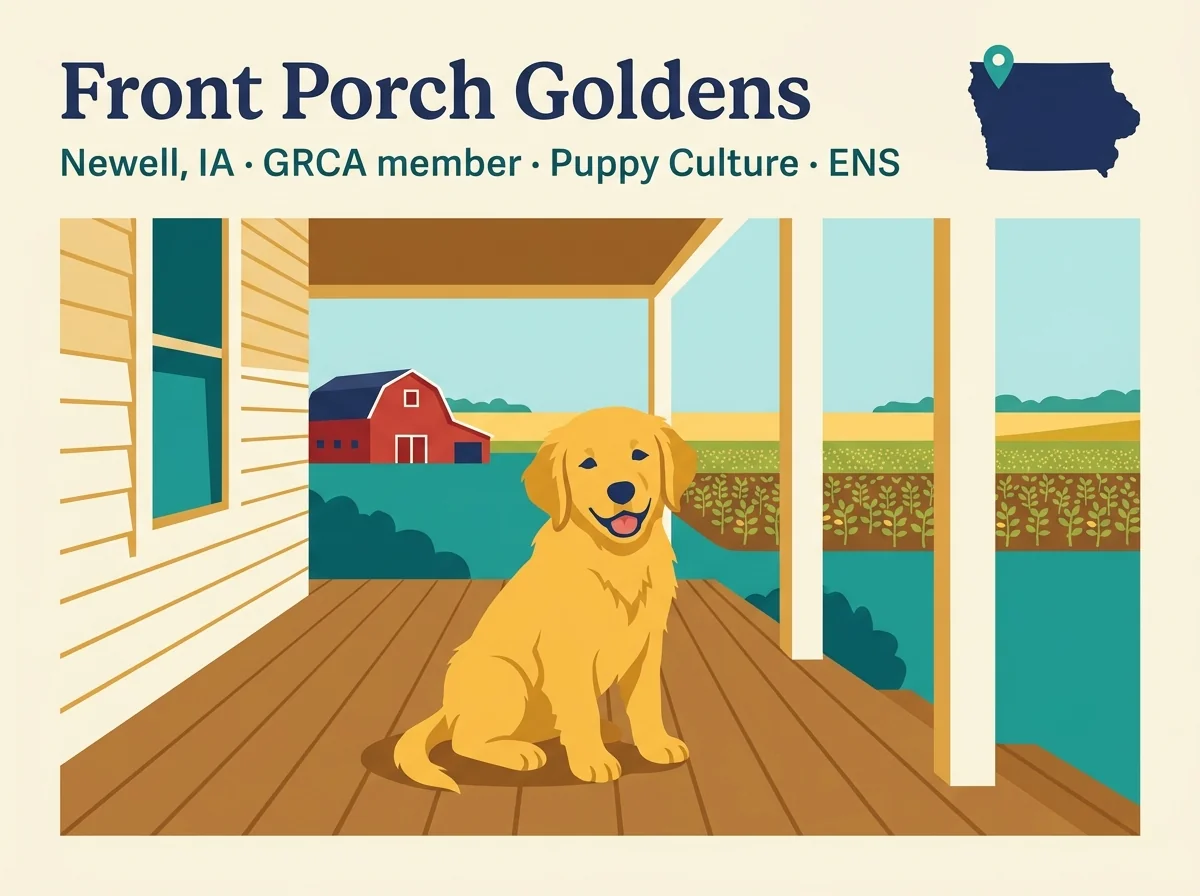 Front Porch Goldens editorial profile card showing tier rating, Newell IA location, and key credentials