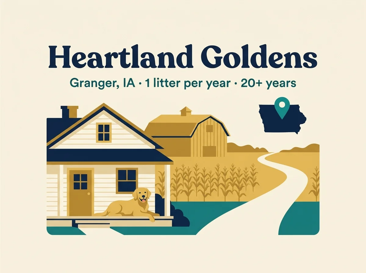 Heartland Goldens editorial profile card showing tier rating, Granger IA location, and key credentials