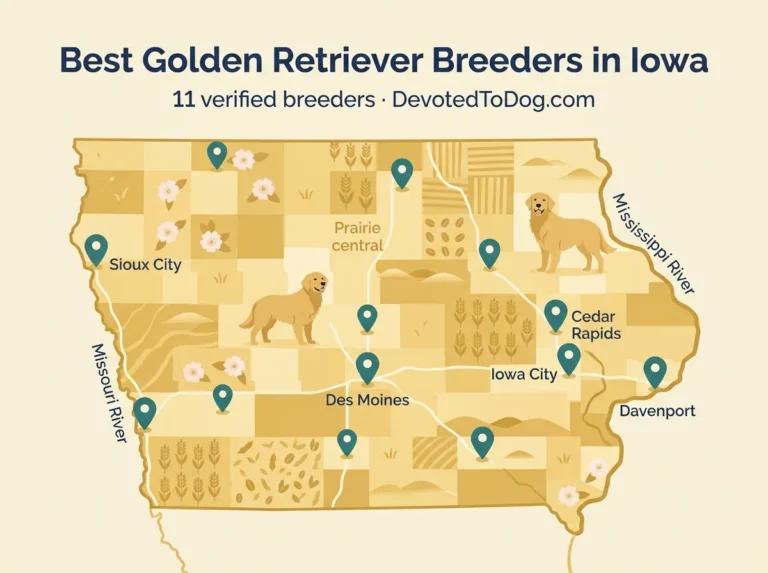 Map of Iowa showing the locations of eleven recommended golden retriever breeders with cities including Des Moines, Cedar Rapids, Iowa City, Sioux City, and Davenport, with cream and gold prairie palette and wild rose accents
