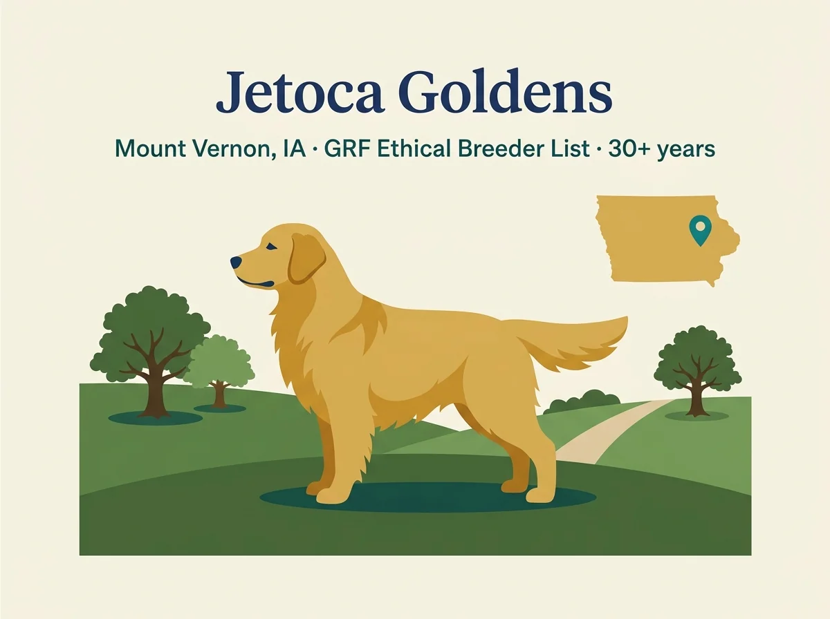 Jetoca Goldens editorial profile card showing tier rating, Mount Vernon IA location, and key credentials
