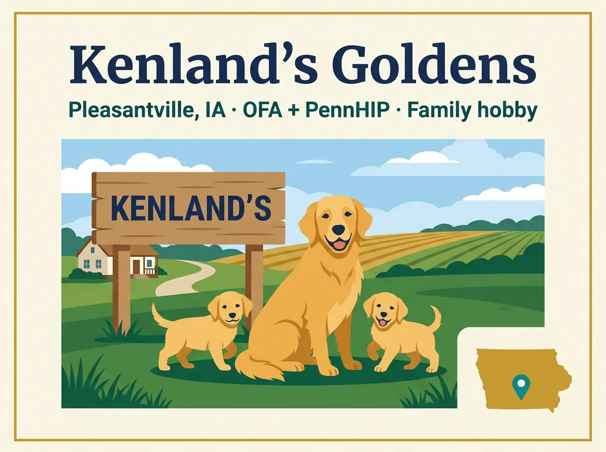 Kenland's Goldens editorial profile card showing tier rating, Pleasantville IA location, and key credentials