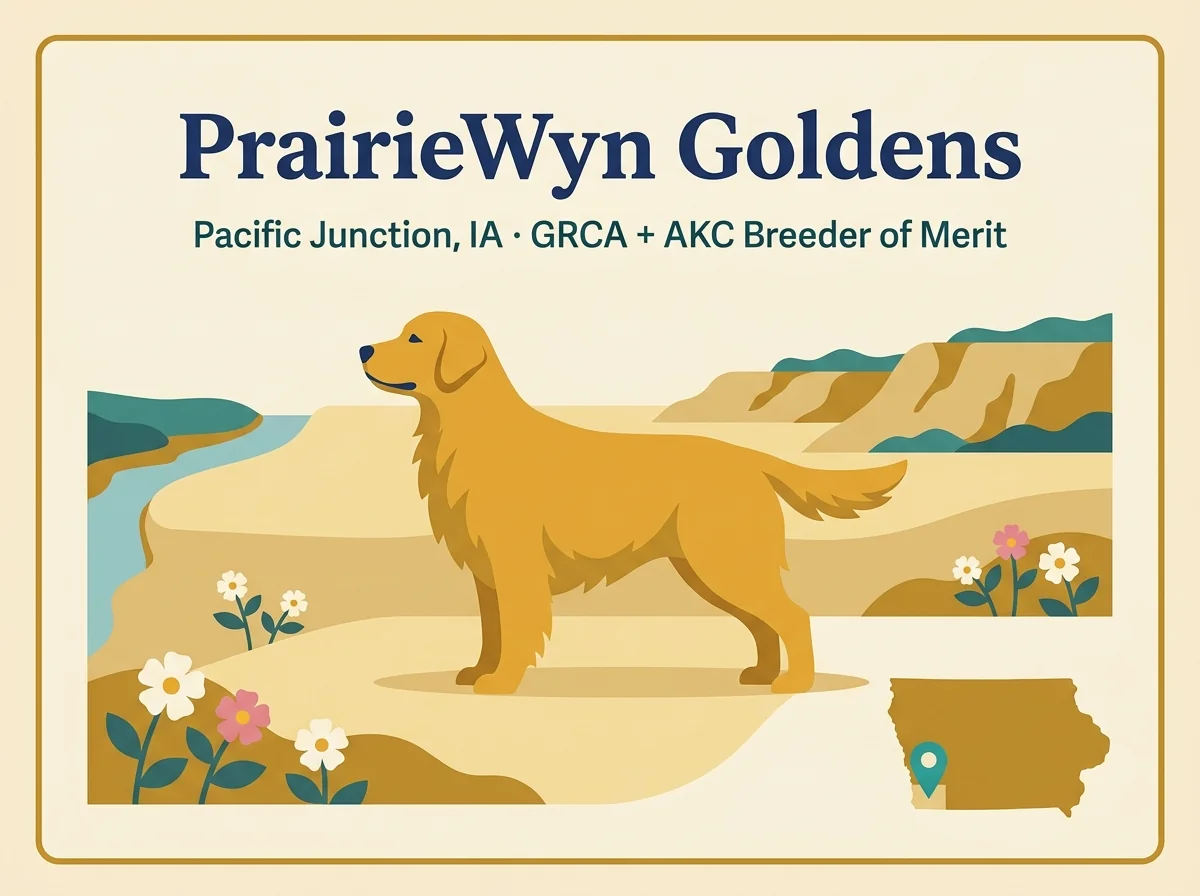 PrairieWyn Golden Retrievers editorial profile card showing tier rating, Pacific Junction IA location, and key credentials